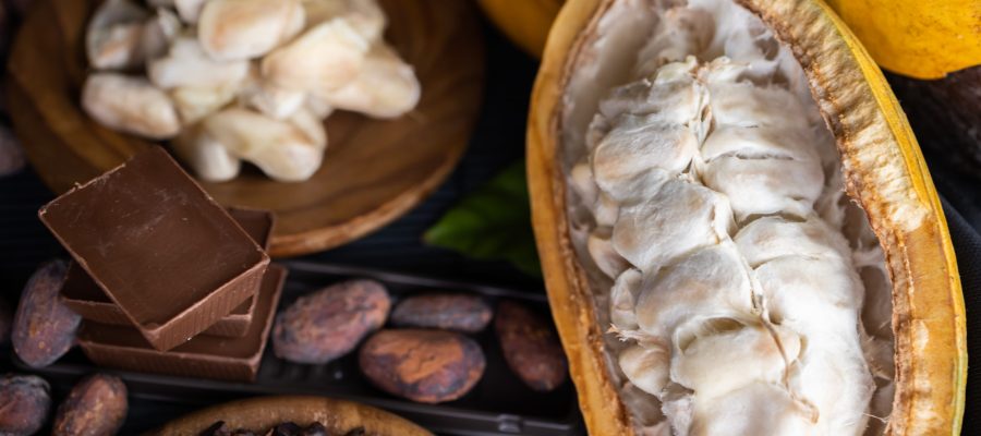 cocoa pods, beans and powder on wooden table, top view