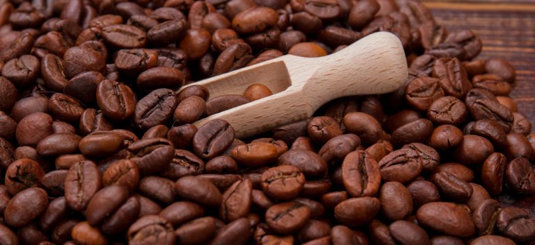 Close up small wooden spoon or scoop with coffee beans. Short wooden scoop and brown grains.