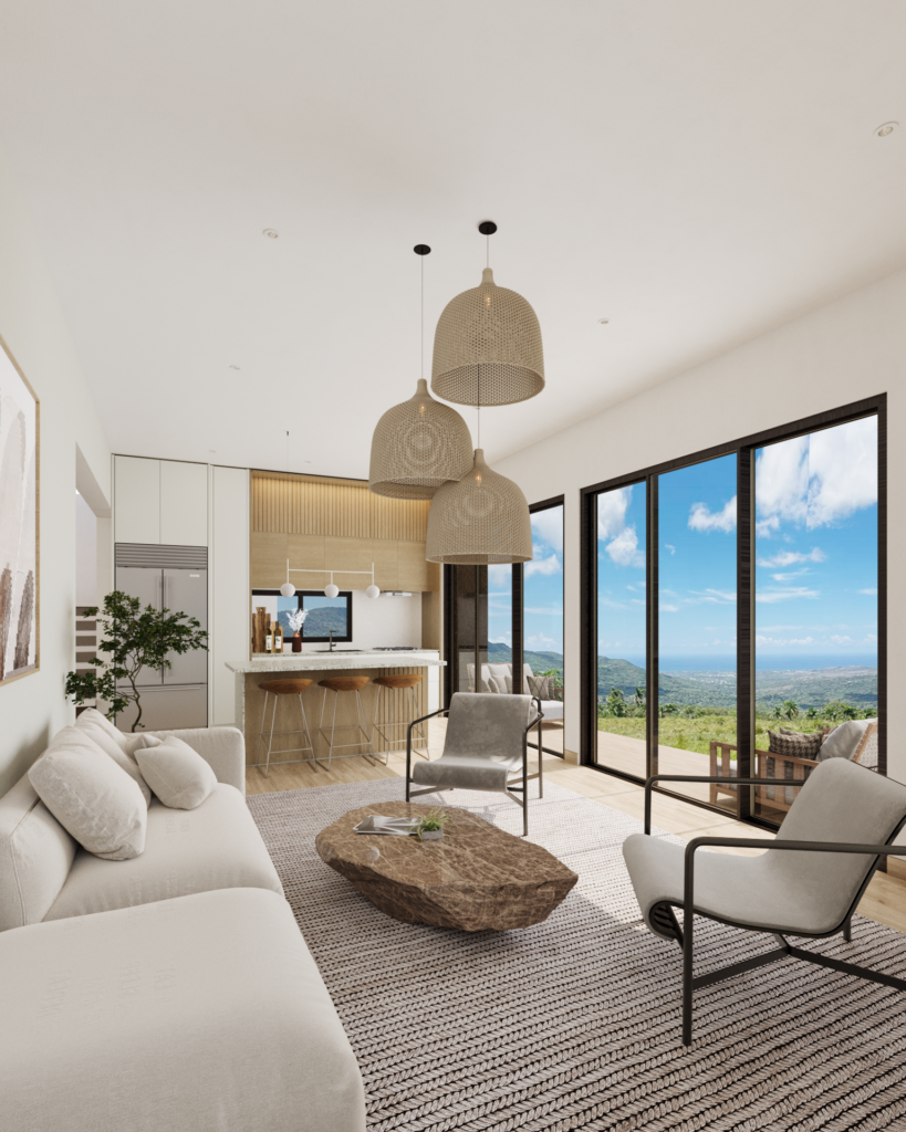 El salón de cada villa en esta comunidad ecológica en Puerto Plata, cerca de punta bergantin ofrece un diseño luminoso y abierto, conectado con la naturaleza. Desde aquí se disfruta de la tranquilidad y belleza de la montaña, ideal para quienes buscan un hogar exclusivo, sostenible y rodeado de vistas naturales impresionantes. Una opción perfecta para inversión residencial o vacacional.